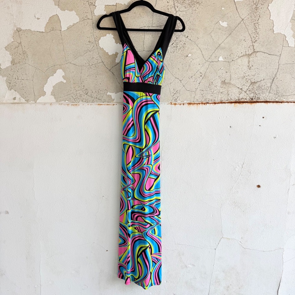 Vintage Y2K Maxi Dress Psychedelic Neon Swirl Empire Kala Womens XL Festival